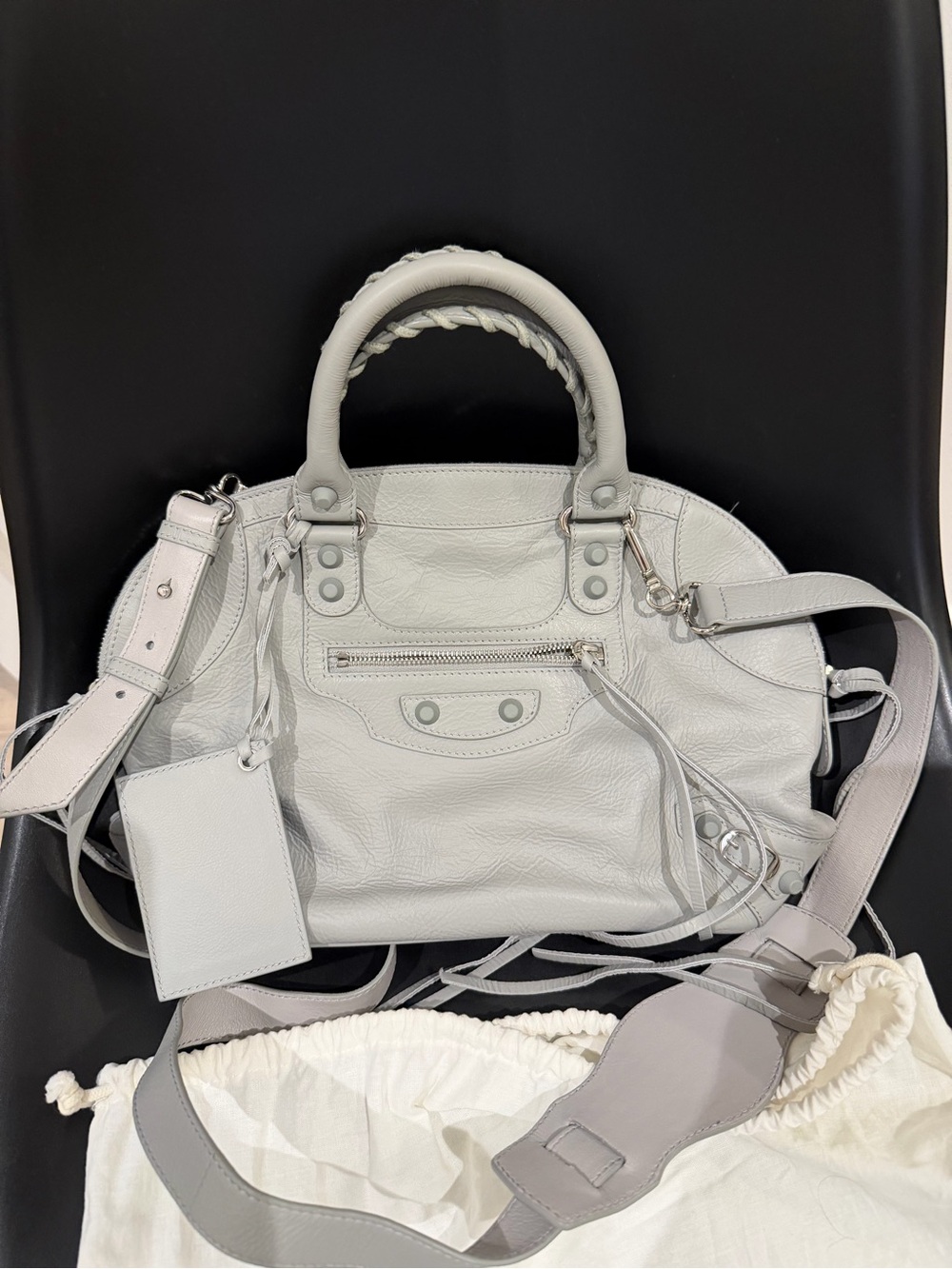 Balenciaga Light Gray Leather bowling biker Bag with Top Handles